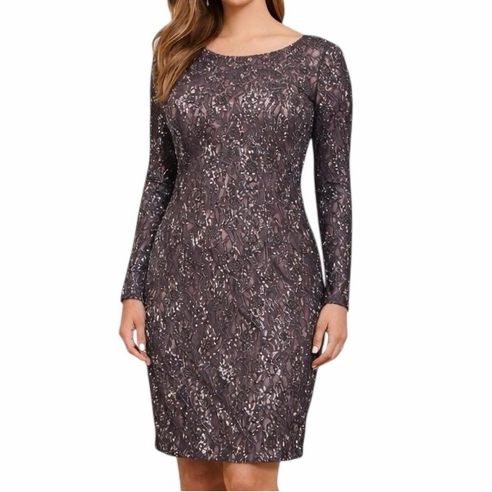 Aidan Mattox Lace Sequin Sheath Dress Long Sleeve V-Back Brown Women’s Size 18W